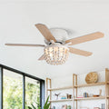 Boho Ceiling Fans with Lights, 48 Inch Flush Mounted Ceiling Fan with Remote Control and Wood Beaded Shade, 3 Speeds & Reversible Motor, 5 Double-Sided Blades for Bedroom Living Room