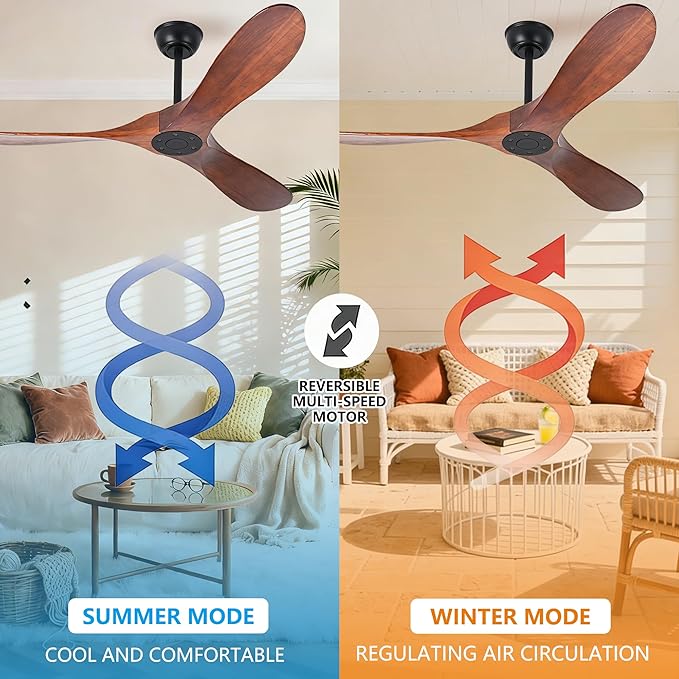 52 Inch Ceiling Fan No Light, Wood Outdoor Ceiling Fans for Patios Living Room Bedroom, Indoor Modern 3 Blade Propeller Wet Rated Ceiling Fan without Lights with Remote (Walnut)