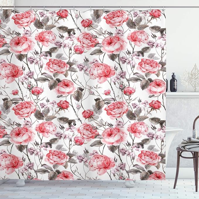 Ambesonne Rose Shower Curtain, Classic Vintage Floral Pattern Watercolor Style Bouquet of English Roses Wildflowers, Cloth Fabric Bathroom Decor Set with Hooks, 69" W x 70" L, Coral Taupe