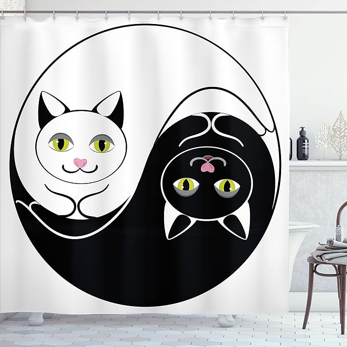 Ambesonne Ying Yang Shower Curtain, Black and White Cuddling Cats in Yin Yang Form Harmony and Balance Kitten, Cloth Fabric Bathroom Decor Set with Hooks, 69" W x 70" L, Black White