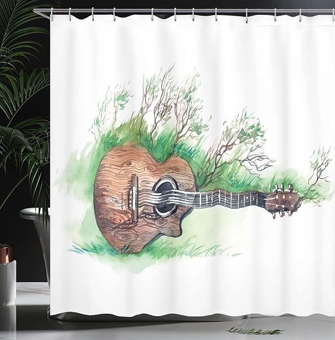 Ambesonne Music Shower Curtain, Wooden Guitar Branches Classical Flourishing Meadow Summertime Lawn Landscape, Cloth Fabric Bathroom Decor Set with Hooks, 69" W x 84" L, White Brown