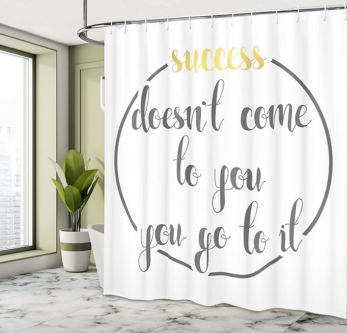 Ambesonne Saying Shower Curtain, Success Doesnt Come to You, You Go to It Inspirational Saying Lifestyle Design, Cloth Fabric Bathroom Decor Set with Hooks, 69" W x 70" L, Yellow Taupe
