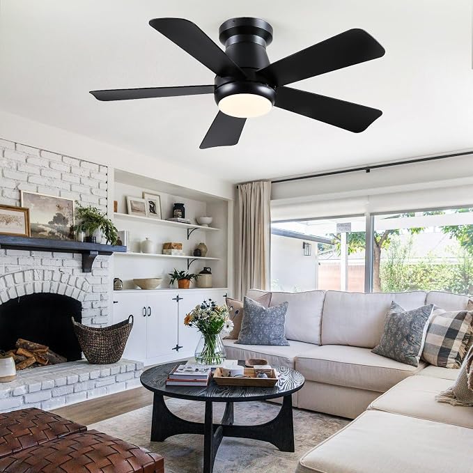Hounberi 40 Inch Modern Low Profile Ceiling Fan with Light and Remote Control, Quiet 3CCT Dimmable LED Flush Mount Fan for Bedroom Living Room, 5 ABS Blades Reversible Motor, Black