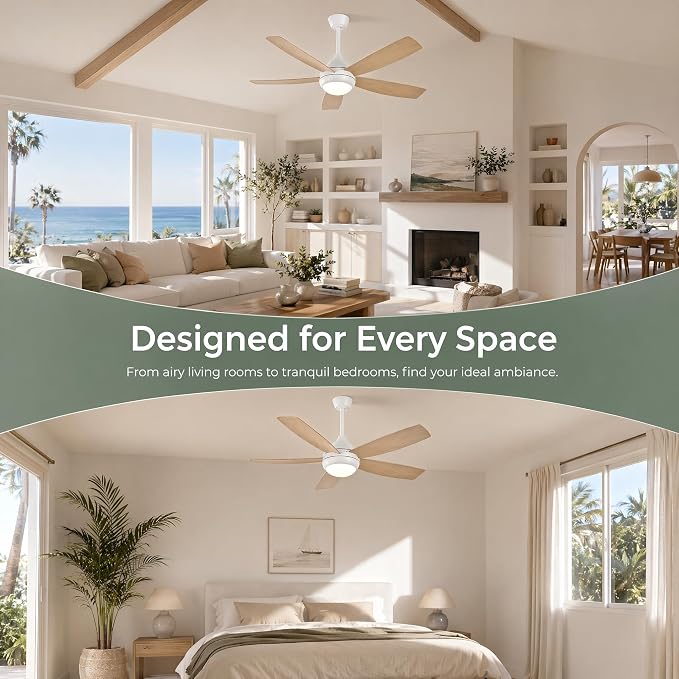 42 inch Ceiling Fan with Lights, 5 Blades, 6 Speeds DC Reversible, Dimmable, Low Profile Ceiling Fan with Light and Remote Control for Bedroom or Living Room