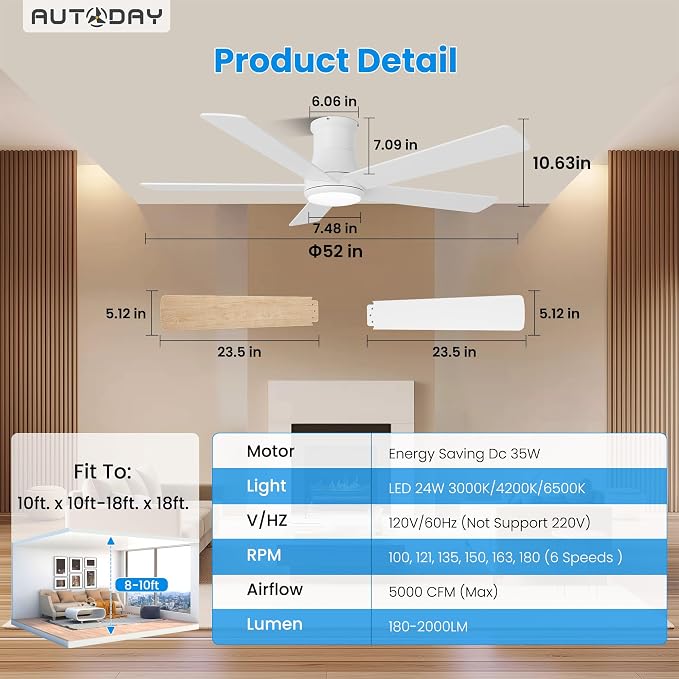 52 Inch Low Profile Ceiling Fan with Light, White Ceiling Fans with Lights and Remote, Flush Mount, 6 Speeds Reversible Quiet DC, 3CCT Dimmable, Indoor Outdoor Ceiling Fans for Patios Bedroom