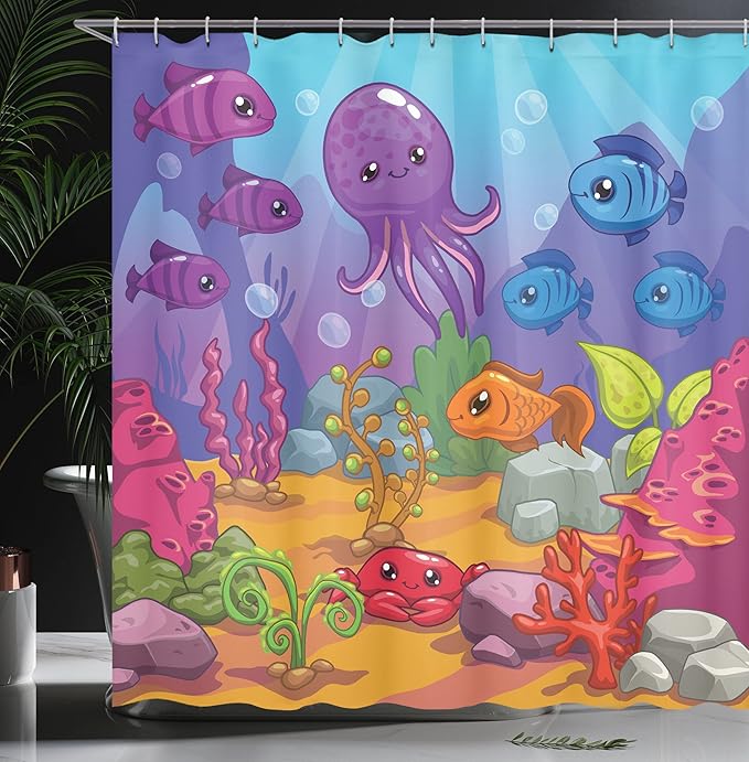 Ambesonne Whale Shower Curtain, Underwater World Aquarium Cartoon Octopus Reef Seaweed Stones Bubbles Illustration, Cloth Fabric Bathroom Decor Set with Hooks, 69" W x 70" L, Purple Blue