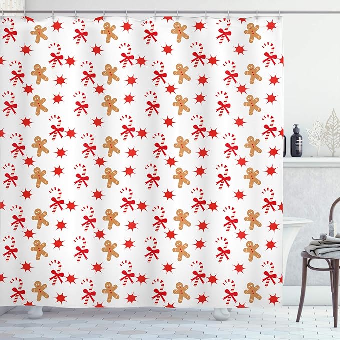 Ambesonne Gingerbread Man Shower Curtain, Candy Cane with Bowties Red Star Gingerbread Man Pattern, Cloth Fabric Bathroom Decor Set with Hooks, 69" W x 70" L, Sand Brown Orange