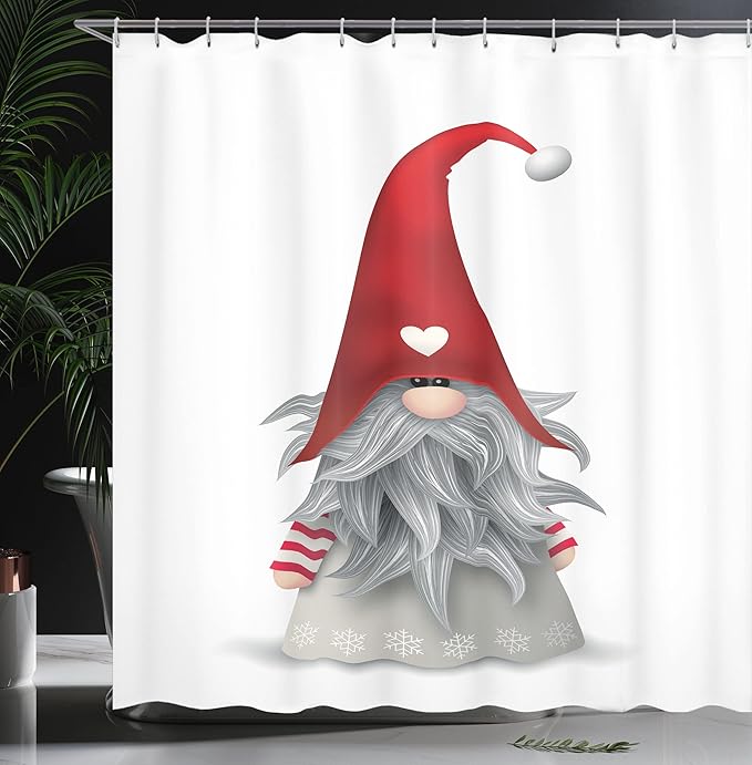 Ambesonne Gnome Shower Curtain, Nordic Tonttu Myth Finnish Creature Nisser Scandinavian Folklore Print, Cloth Fabric Bathroom Decor Set with Hooks, 69" W x 70" L, Ruby Pale Grey