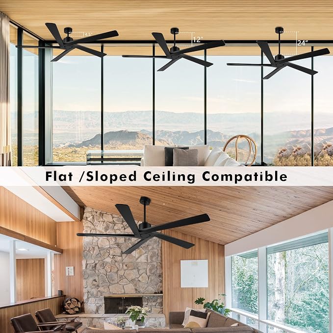 WINGBO 72 Inch DC Ceiling Fan No Light with 3 Downrods, 5 Reversible Carved Solid Wood Blades, 6-Speed Noiseless DC Motor, Large Ceiling Fan without Lights in Black Finish, ETL Listed
