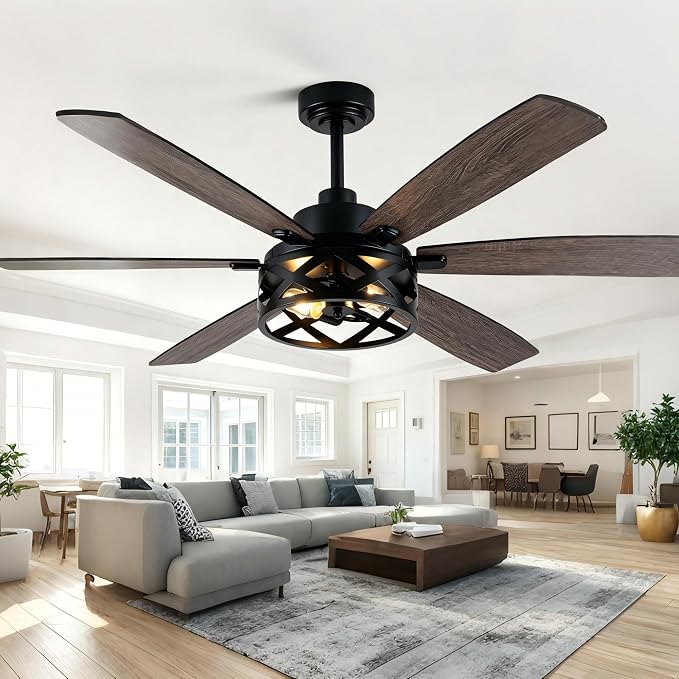 60“ Farmhouse Ceiling Fan with Lights Remote, Rustic Ceiling Fan | Black Metal Caged Fandelier Industrial Chandelier, Reversible Quiet DC Motor 6 Speed 6 Dual Blades for Living Room Bedroom