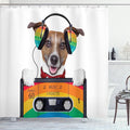 Ambesonne Popstar Party Shower Curtain, Dog Listening to Music from an Old Cassette of The 80's Colorful Headphones, Cloth Fabric Bathroom Decor Set with Hooks, 69" W x 75" L, Brown Multicolor