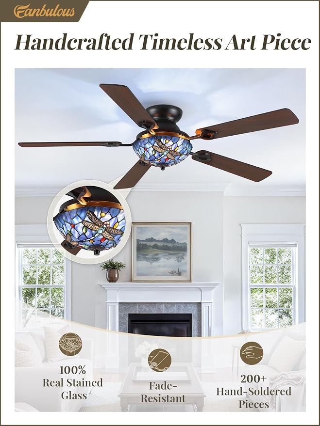 Fanbulous 52 Inch Stepless Dimmable LED Tiffany Dragonfly Ceiling Fan