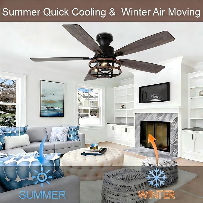 52" Flush Mount Farmhouse Ceiling Fan with Lights and Remote | Rustic Caged Fandelier Ceiling Fan, 5 Dual Blades Chandelier for Bedroom Living Room Dining Room, 3 E12 Bulbs (Not Included)