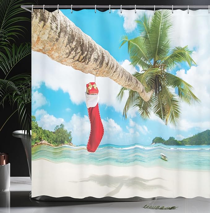 Ambesonne Christmas Shower Curtain, Cloth Fabric Bathroom Decor Set with Hooks, Tropical Sandy Beach, 69" W x 84" L, Aqua Red