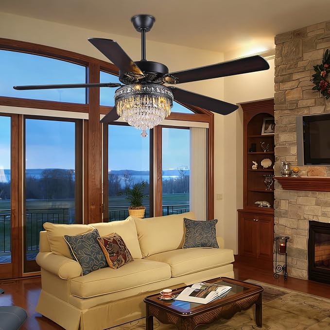 GJeg Crystal Ceiling Fan Fandelier with Lights - Outdoor Ceiling Fans with Remote Control, Farmhouse Ceiling Fan with Noiseless DC Reversible Motor,Dining Room,Living Room(62" Black)