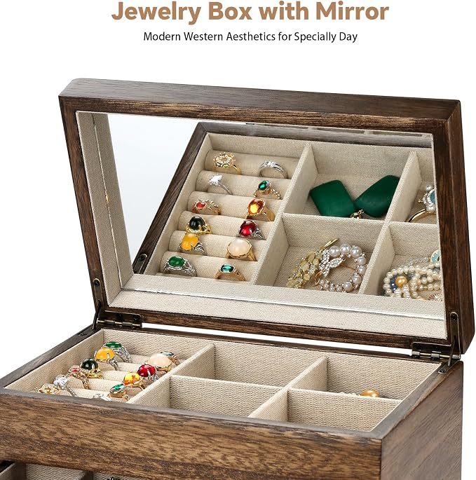Meangood Jewelry Box Organizer for Women, 3 Layer Large Jewelry Storage Case, Rustic Wooden Jewelry Box with Mirror & Ring Tray for Necklace Earring Bracelets Rings, Vintage Style (Walnut)