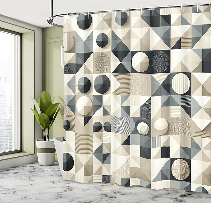 Ambesonne Neutral Shower Curtain, Geometric Style Mosaic Look Squares and Circles Stripes Polygonal Art, Cloth Fabric Bathroom Decor Set with Hooks, 69" W x 70" L, Beige Dark Slate Blue
