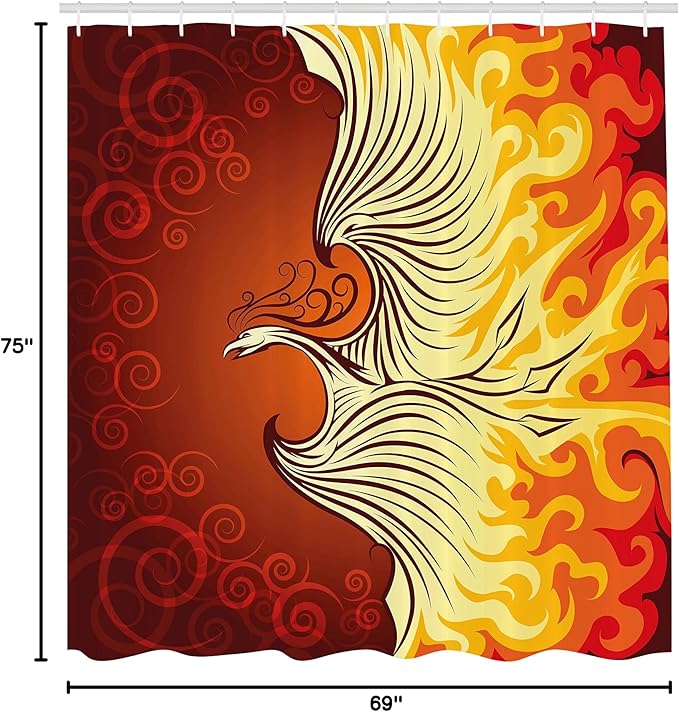 Ambesonne Orange Shower Curtain, Illustration of Flying Phoenix Bird in The Burning Mythical Creature Print, Cloth Fabric Bathroom Decor Set with Hooks, 69" W x 75" L, Orange and Yellow