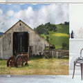 Ambesonne Rustic Shower Curtain, Old Wooden Barn with Rusted Tractor Hillside Enclosed with Wooden Fence and Trees, Cloth Fabric Bathroom Decor Set with Hooks, 69" W x 75" L, White Green