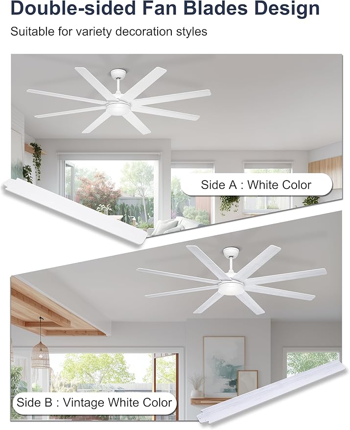 72'' White Large Ceiling Fan with Lights for Indoor/Covered Outdoor | Remote/APP Control, 3CCT Dimmable, Quiet DC Motor, Reversible Airflow, 8 Blades Modern Big Overhead Fan for Patio Living Room