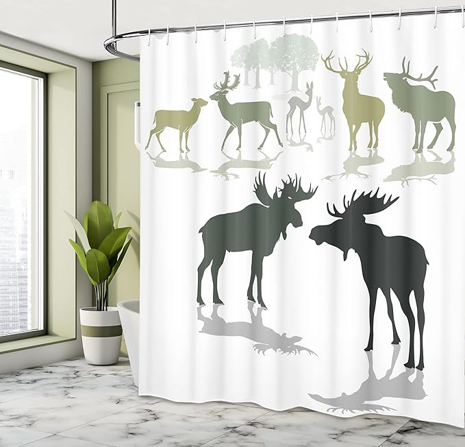 Ambesonne Antlers Shower Curtain, Elk Deer and Fawn Silhouette Forest at The Background World Natural Habitat Theme, Cloth Fabric Bathroom Decor Set with Hooks, 69" W x 75" L, Green Black