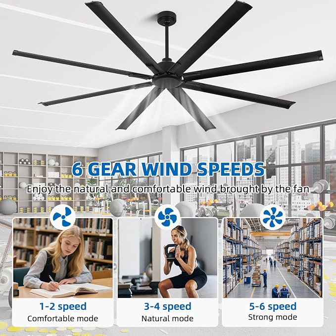 YYEHON 96 Inch Large Industrial Ceiling Fan no Lights, Reversible DC Motor, 3 Downrods, 6 Speed Remote Control, 8 Aluminum Blades, Outdoor Black Fans for Shop/Gym/Warehouse/Garage