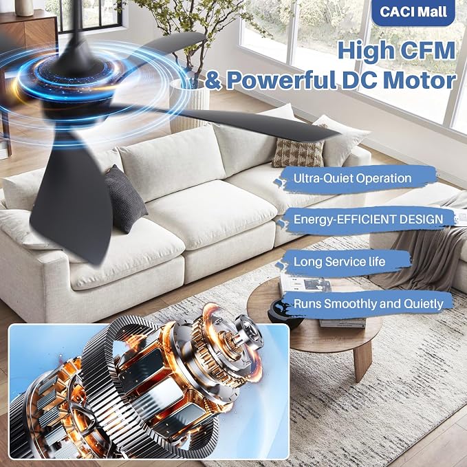CACI Mall 52 inch Black Ceiling Fans with Lights, Remote Control, Modern, Low Profile, Outdoor Ceiling Fan with 5 Blades, Quiet Reversible DC Motor for Living Room, Bedroom, Patios
