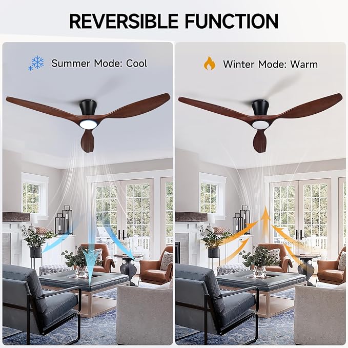Skylike 52" Wood Ceiling Fan with Lights, Flush Mount Low Profile Ceiling Fan with Remote Control, Dimmable LED, Quiet Ceiling Fan Indoor/Outdoor for Living Room Bedroom Patio-Dark Walnut Finish