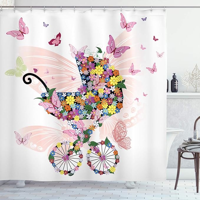Ambesonne Butterflies Shower Curtain, Stroller of Flowers and Butterflies Carriage Cart Celebration Shower Theme, Cloth Fabric Bathroom Decor Set with Hooks, 69" W x 70" L, Multicolor