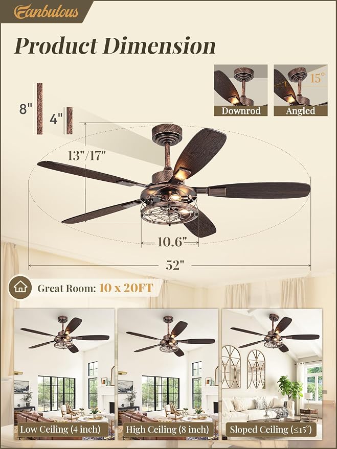 Farmhouse Ceiling Fan with Light and Remote, Industrial Caged Flush Mount Ceiling Fans with 6 Speed Reversible Motor and Dual Finish 5 Blades, for Living room, Bedroom (Black and Gold, 52Inch)