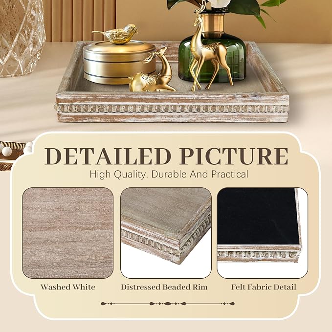 Wooden Decorative Tray, Small Serving Tray with Wood Bead, Farmhouse Big Tray for Ottoman, Countertop, Coffee Tabl, 13" x 13"x 1.6" (White Washed)