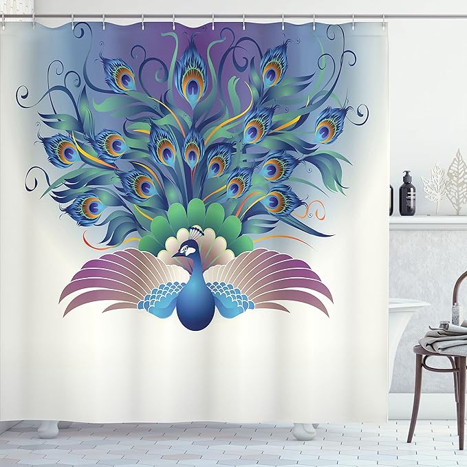 Ambesonne Peacock Shower Curtain, Ornate Peacock with Majestic Tail Feather Dangling Around Birds Wing Illustration, Cloth Fabric Bathroom Decor Set with Hooks, 69" W x 70" L, Ceil Blue