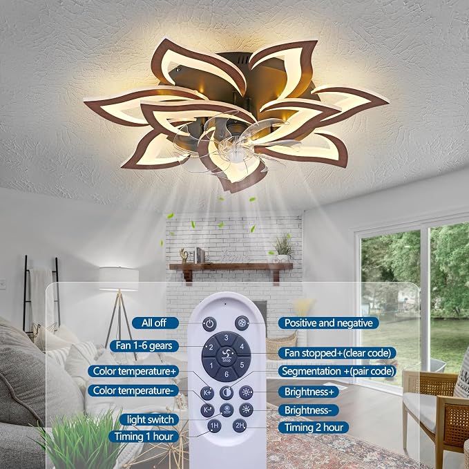 Modern Ceiling Fan with Lights Remote Control, 32" Wood 6 Speeds 3 Light Color Low Profile Flush Mount Ceiling Fan for Kitchen Bedroom