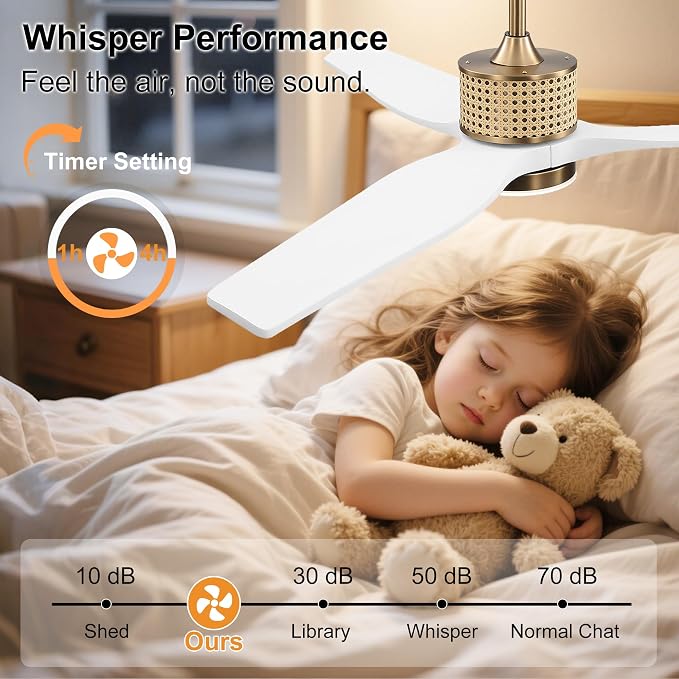 LEDLUX 52" Ceiling Fan with Light – Remote Control, Solid Wood, Quiet Reversible DC Motor, White/Gold Finish, Includes 4.5"/12" Downrods, Noiseless Ceiling Fan for Bedroom, Living Room, Porch