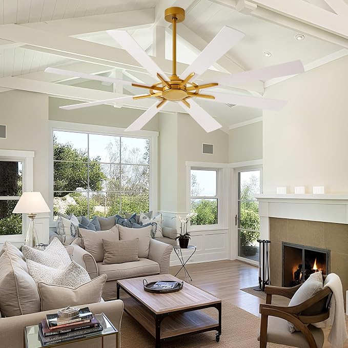 Ceiling Fan Without Light: 72 Inch Big Indoor Outdoor Fan with Remote APP Control - Brass White Large Ceiling Fan no Light 8 Blade Reversible Quiet DC Motor Memory Function Timer