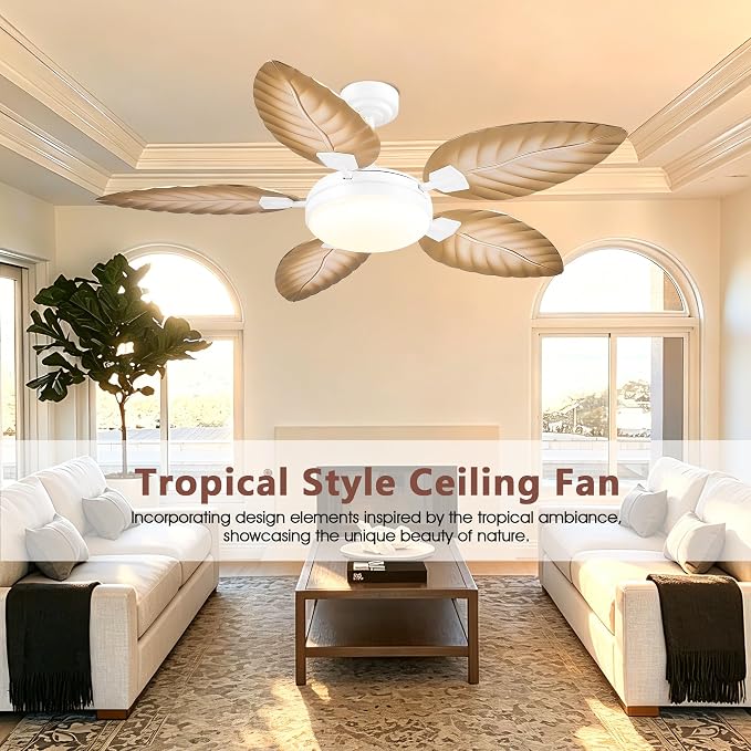 GJeg Tropical Ceiling Fans with Lights and Remote,52Inch Outdoor Palm Leaf Ceiling Fan for Patios Porch Bedroom, Dimmable LED Light, 6 Speeds, Reversible,Light Brown