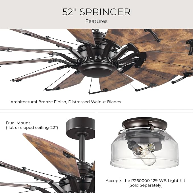 Progress Lighting Springer Collection DC Motor Farmhouse Windmill Ceiling Fan, Architectural Bronze, 12-Blade (52" W x 17-3/8" H) P250065-129