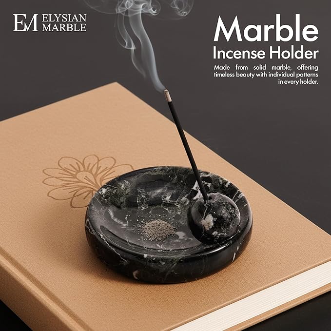 Incense Holder for Sticks, Natural Marble Incense Burner Ash Catcher Plate for Palo Santo, Sage, Meditation, Yoga and Home Decor - Black