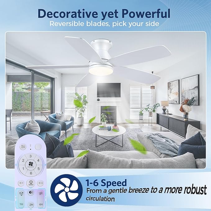 JSAITEE Flush Mount Ceiling Fans with Lights - 48in Low Profile Ceiling Fan with Light and Remote, DC Motor Quiet Operation, 3CCT Dimmable, Timer, Modern Fan Light for Indoor, Bedroom, Kitchen, White