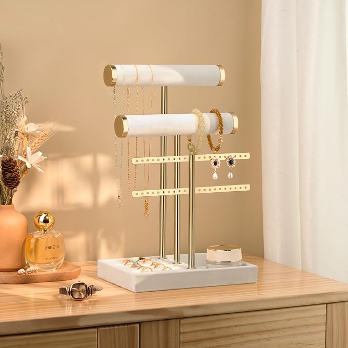 Jewelry Organizer Stand for Necklaces, Bracelets, Earrings, Rings, White | 3 Tier Velvet Bracelet Holder Display | Jewelry Organizers and Storage | Jewelry Tree | Jewelry Towers