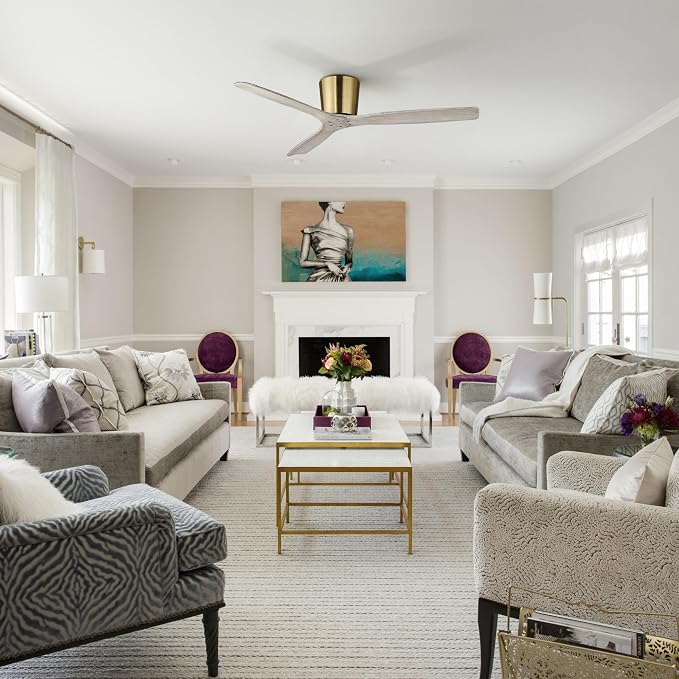 54” Modern Ceiling Fan with 3 Solid Wood Blades, Gold Plated Finish, Quiet Reversible DC Motor, Remote Control, Low-Profile Mount, 6 Speeds, Timer & Memory Function, ETL Certified