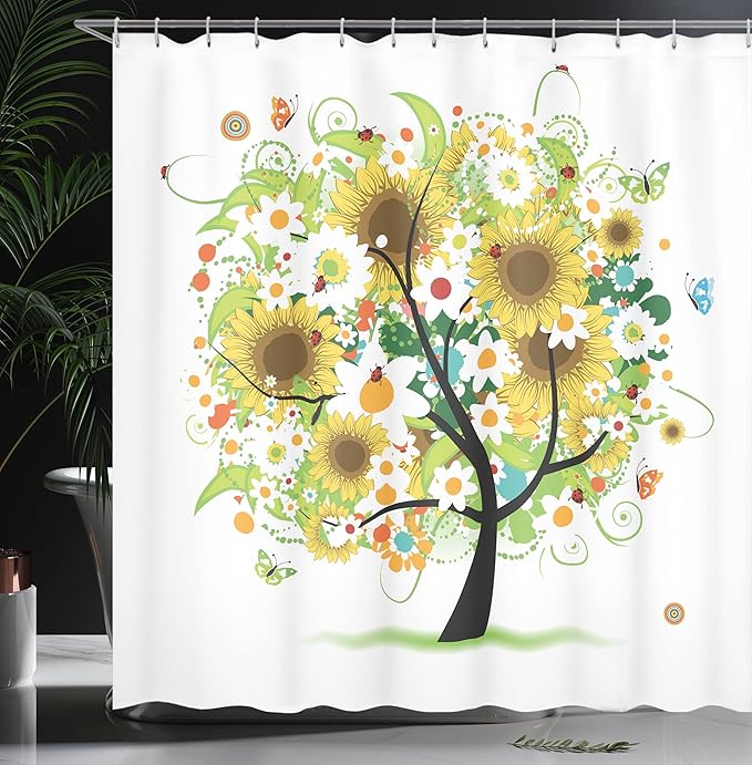 Ambesonne Sunflower Shower Curtain, Floral Tree with Daisies Sunflowers Butterflies Ladybugs Spring Fantasy Joyful, Cloth Fabric Bathroom Decor Set with Hooks, 69" W x 84" L, Green Black