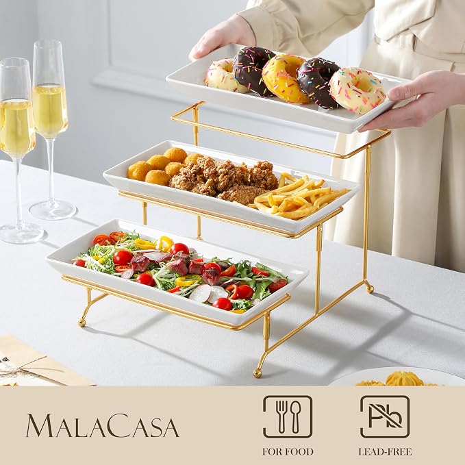 MALACASA 3 Tier Serving Trays for Party, 12 Inch Porcelain White Trays for Serving Food, Dessert Stand with Collapsible Gold Metal Rack | Tiered Serving Stand for Party, Fruit Tray, Trays for Serving Food, Dessert Stand with Collapsible Sturdier Gold M...