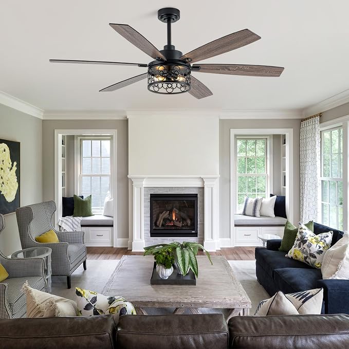 Bella Depot 60" Ceiling Fan with Light, Farmhouse Caged Chandelier Fan, Industrial Ceiling Fan Rustic Indoor Fandelier with Silent Motor for Dining Living Room Bedroom, (Bulbs not Included) (Black)