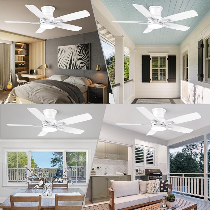 YUHAO 42 Inch Flush Mount White Ceiling Fan with Light and Remote Control.Noiseless,Dimmable,3CCT,6 Speeds Reversible, Low Profile DC Ceiling Fans for Indoor or Covered Outdoor Use,ETL Listed