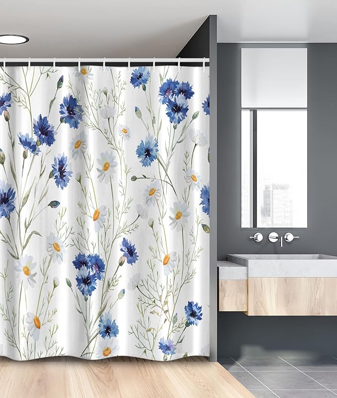 Ambesonne Watercolor Flower Stall Shower Curtain, Wildflowers and Cornflowers Daisies Blooms Flower Buds Art, Fabric Bathroom Decor Set with Hooks, 54" W x 78" L, Green Marigold