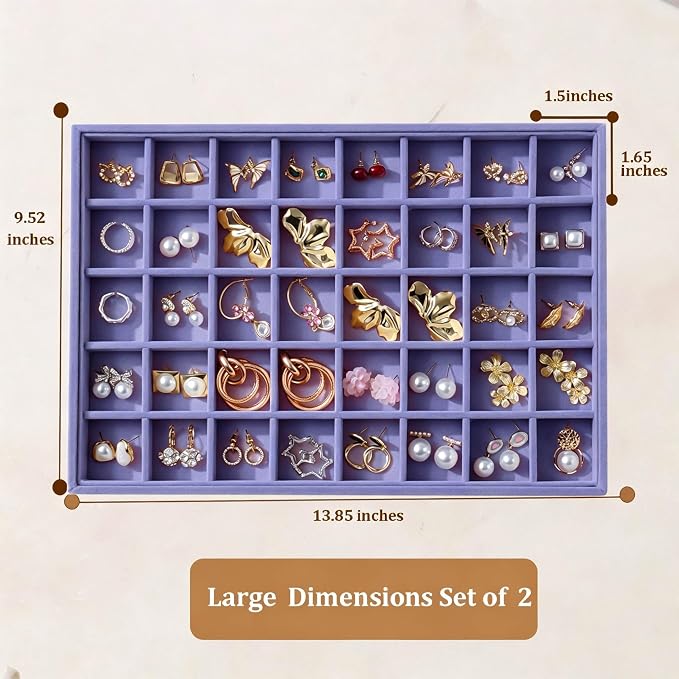 Large Velvet Jewelry Tray 2 Pack Stackable Jewelry Display Drawer Inserts Trays Organizer for Earring Bracelet Necklace Ring (Purple, 40 Grids)