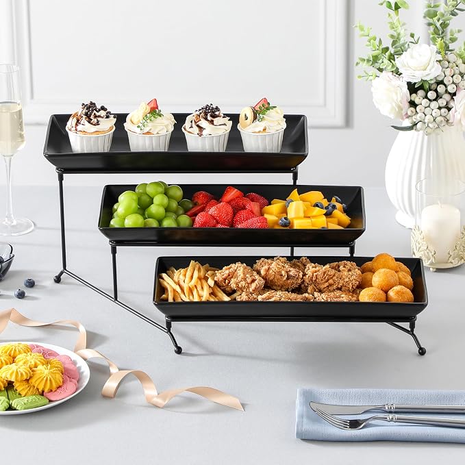 MALACASA 3 Tier Serving Trays for Party, Stoneware Serving Platters and Trays, 14 Inch Tiered Tray Stand, Fruit Tray, Trays for Serving Food, Black Dessert Stand with Collapsible Sturdier Metal Rack | Tiered Cupcake Stand for Party, Fruit Tray, Trays f...