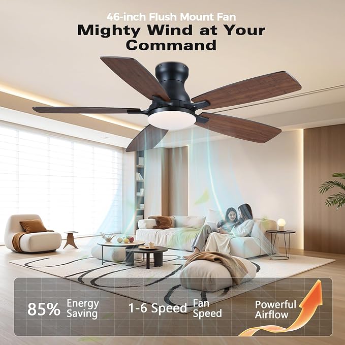 JSAITEE 46 Inch Low Profile Flush Mount Ceiling Fan with Lights, Brown | 46In Flush Mount Ceiling Fan with 3CCT Dimmable, 6 Wind Speeds and Timing, Low Profile Fan for Modern