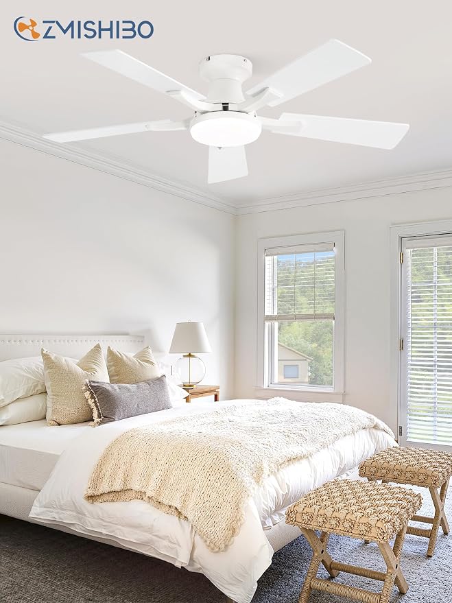 ZMISHIBO 42 Inch Ceiling Fan with Light, App&Remote Control, Flush Mount Low Profile, Dimmable 20W LED Light, Quiet Reversible Motor for Bedroom, Living Room, Apartment, White